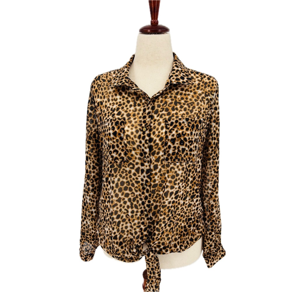 Multiples Animal Print Shirt Womens Large Brown Leopard Embellished Tie Front